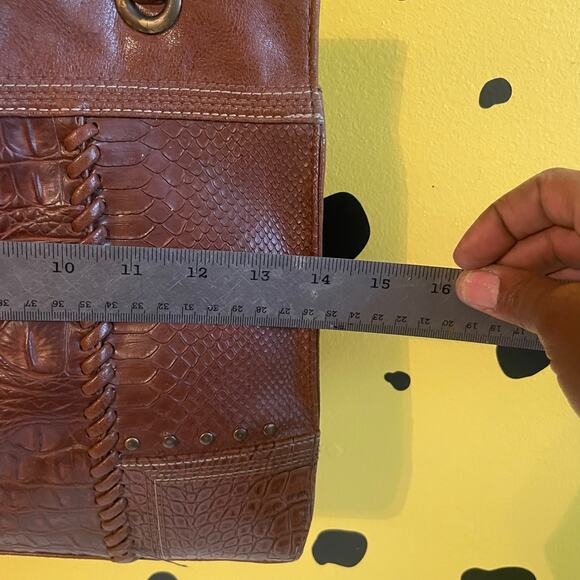 Vintage Brown Patchwork Faux Leather Tote | Boho Croc & Snake Texture Bag - Picture 4 of 9